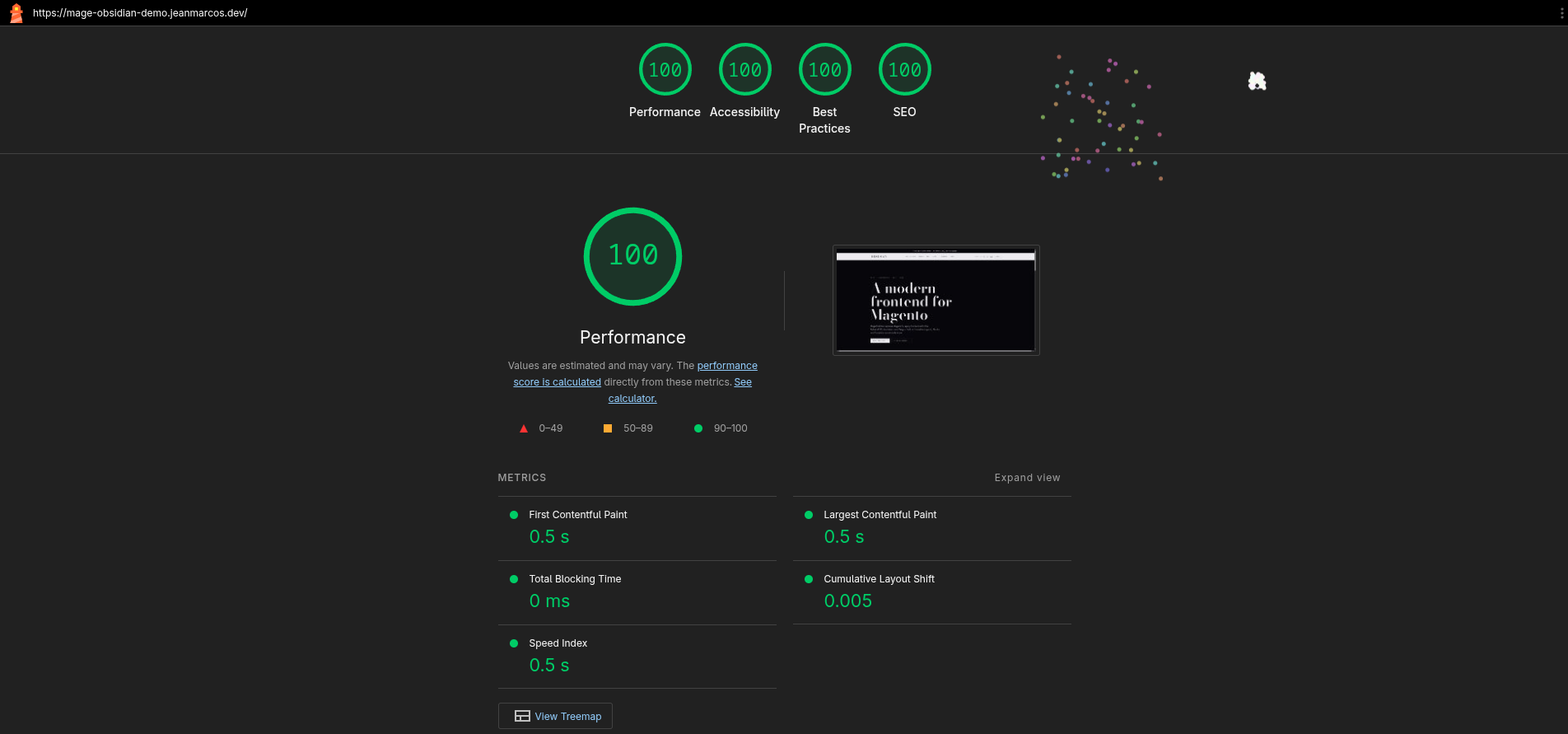 Lighthouse report: 100 across Performance, Accessibility, Best Practices and SEO